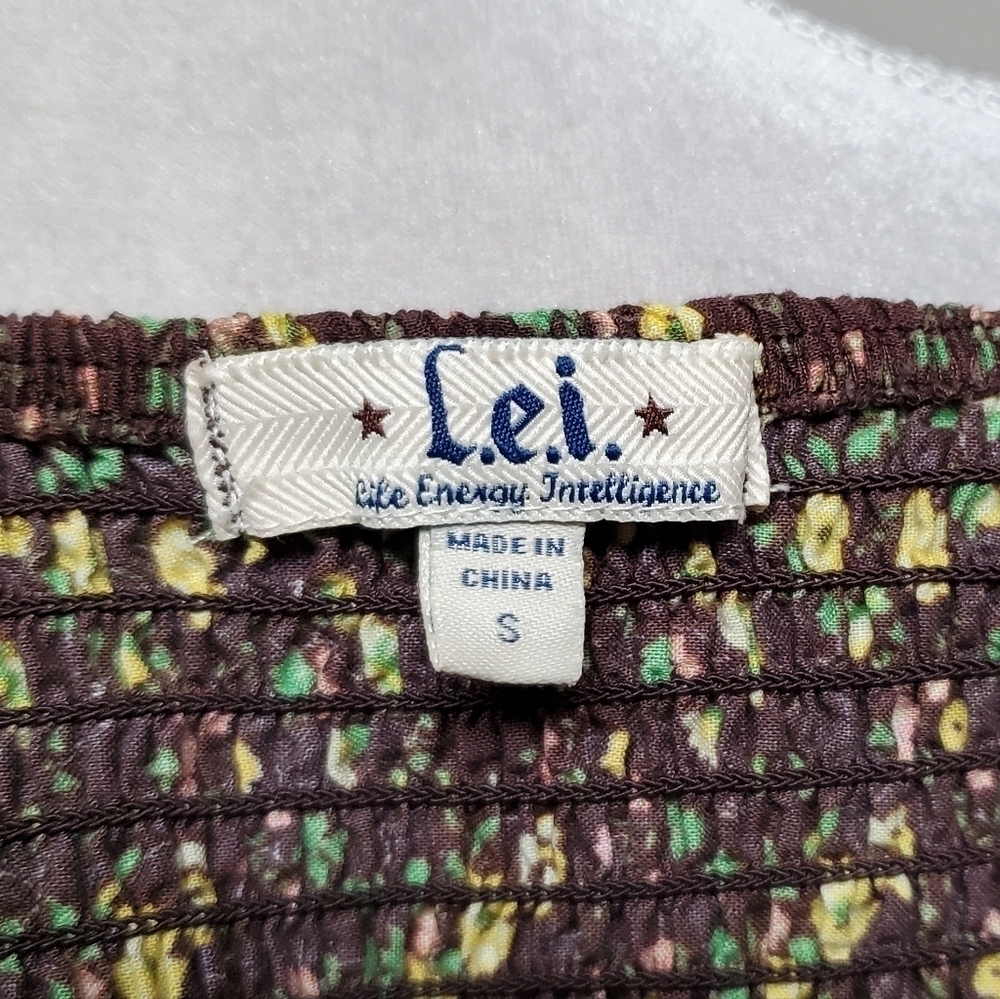 𝅺RETRO Y2K LEI Brown Yellow Ditsy Floral V-neck Pleated Mini Babydoll Dress S - Picture 13 of 14